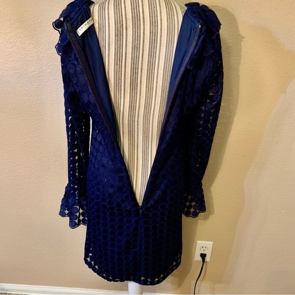 Trina Turk Dress Medium Navy Blue Mini Long Slvs Lace Dots Ruffle Neckline Cuffs - Picture 9 of 16